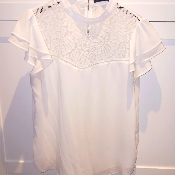 New White Chiffon Lace Yoke Blouse - Picture 2 of 7